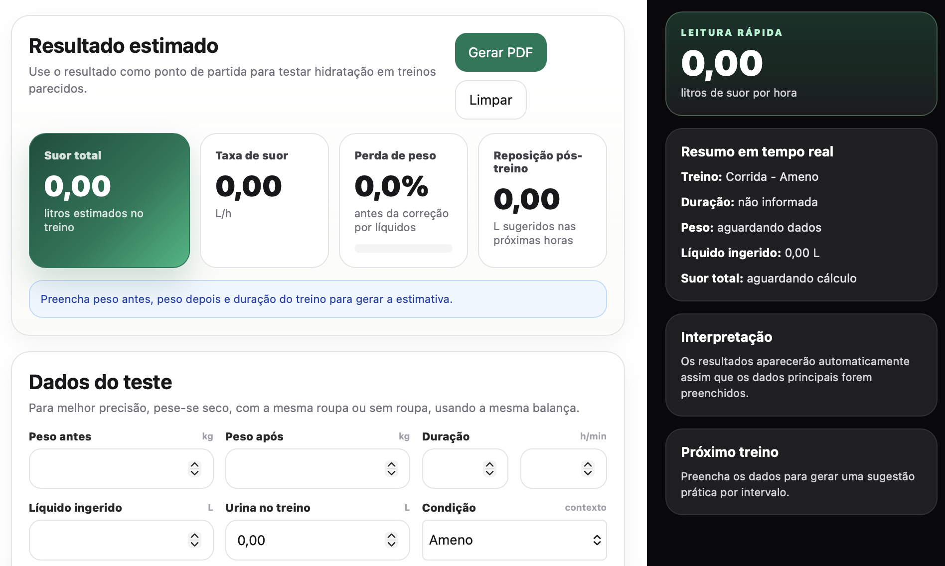 Prévia da calculadora de suor
